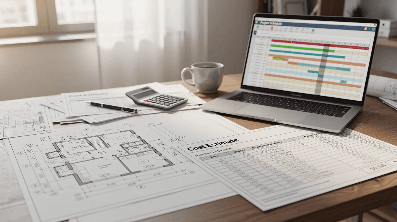 The image shows architectural blueprints and cost estimate documents laid out on a desk, with a laptop in the background displaying a project schedule, highlighting the essential tools for effective project management in construction. This setup reflects the collaborative efforts of project teams and construction managers in planning and executing successful construction projects.