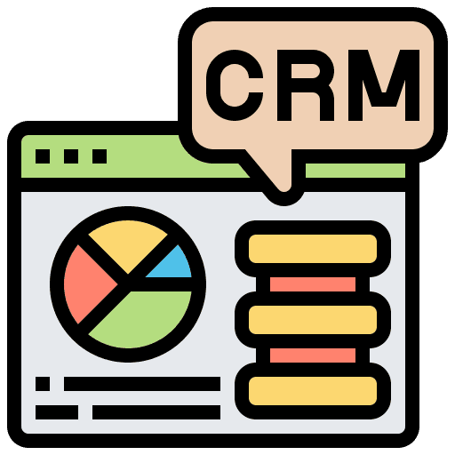 Graphic icon of a CRM dashboard with pie chart analytics and data layers, symbolizing efficient customer relationship management systems.