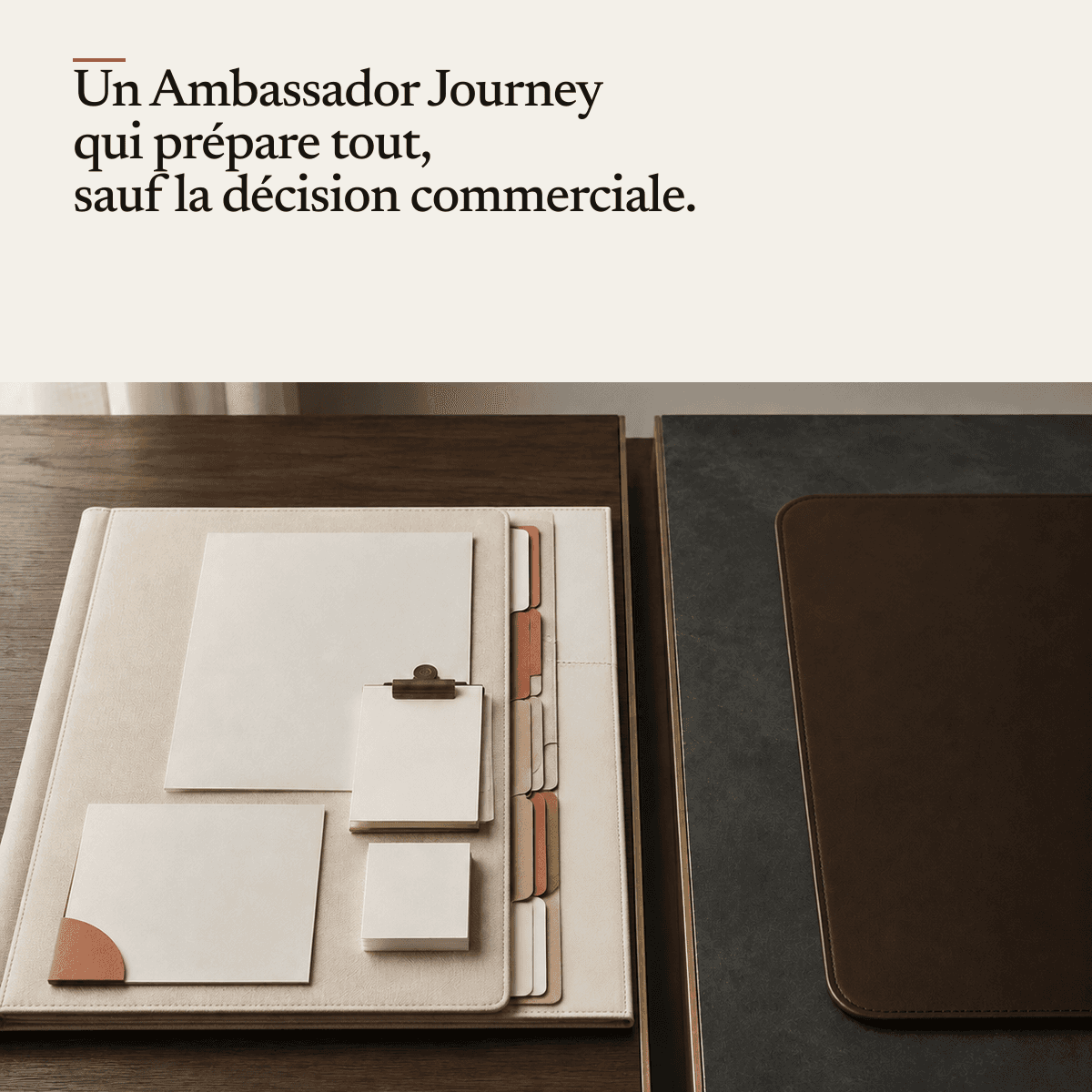 Un bureau ordonné avec une chemise en cuir, des onglets qui dépassent, un porte-bloc et des piles nettes de cartes et de feuilles vierges, à côté d'un sous-main en cuir vide.