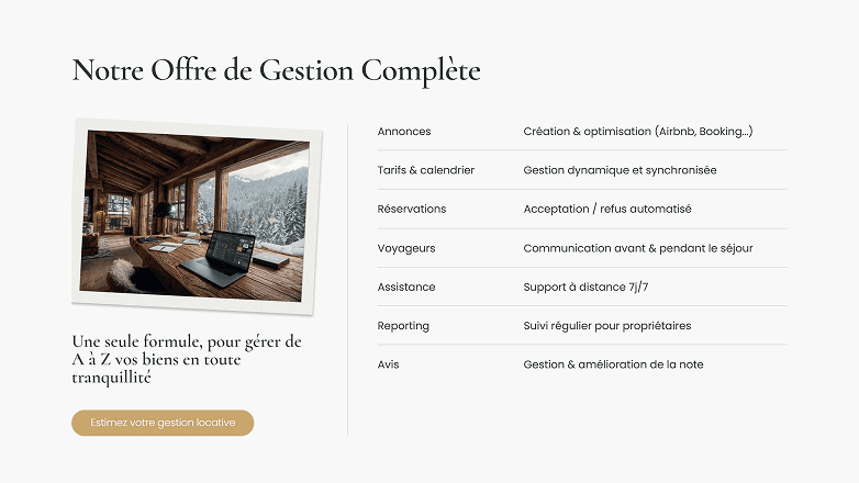 Complete Airbnb property management service section detailing the full concierge offer for owners