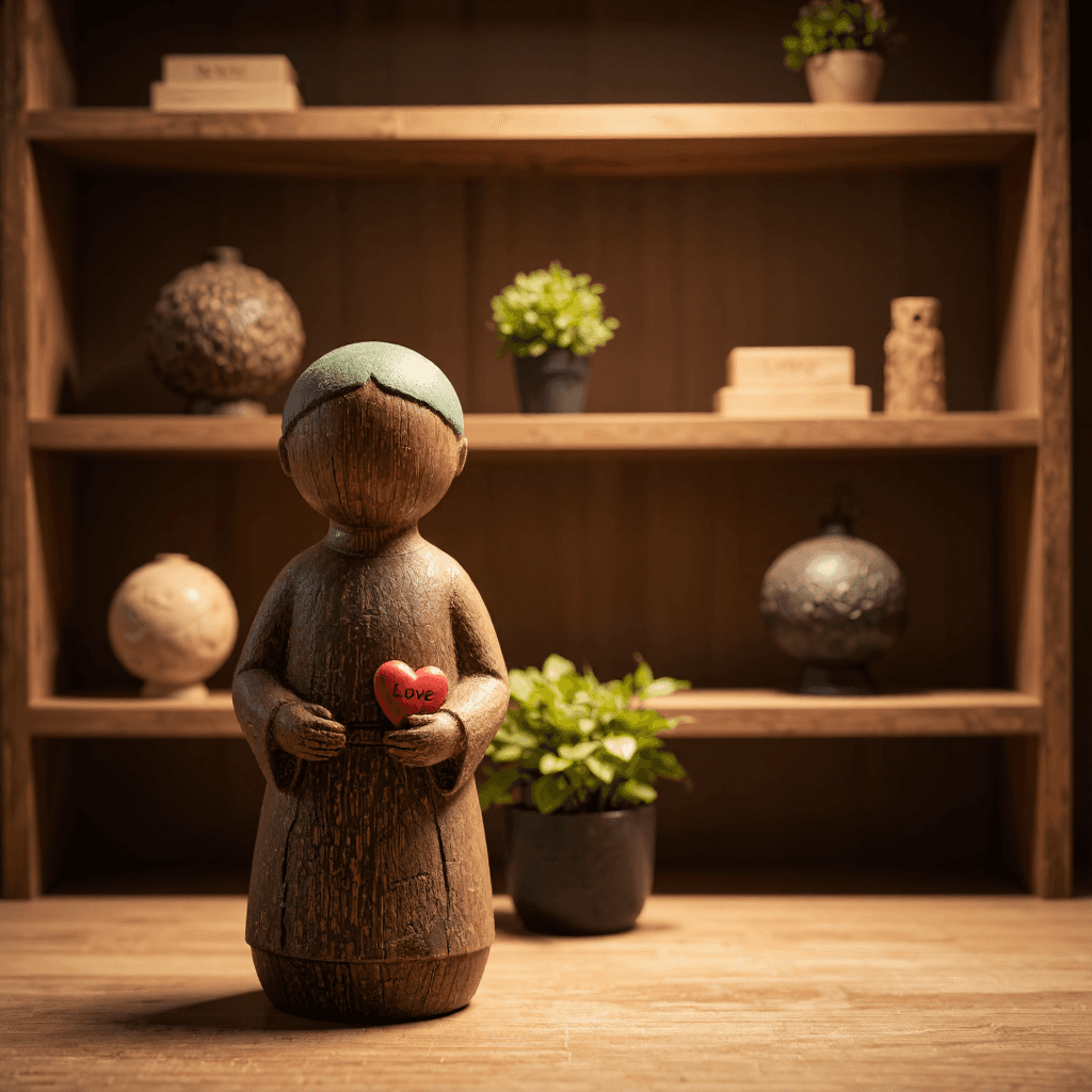 product photography of a decorative figurine of a character holding a heart symbol