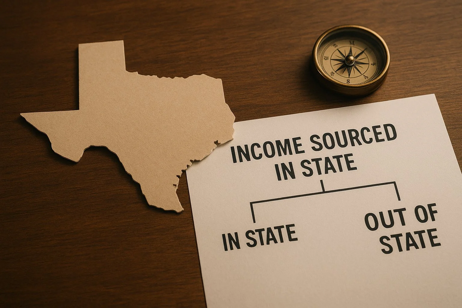 Desk with a state outline next to a document showing allocation lines for income sourced in the state, with a small globe indicating out-of-state ownership.