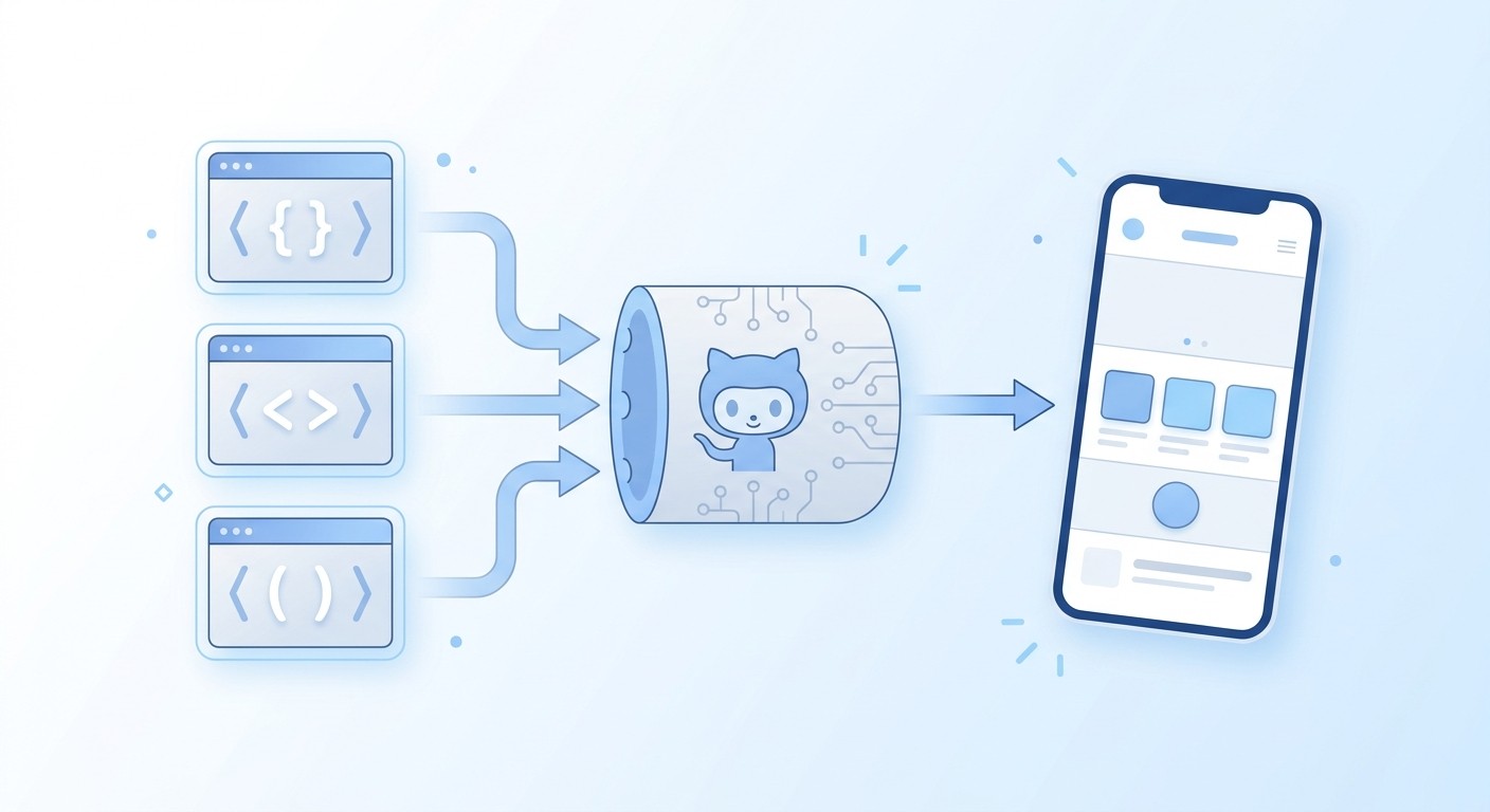 Illustration of code repositories from three source tools importing into CatDoes and becoming a native mobile app.