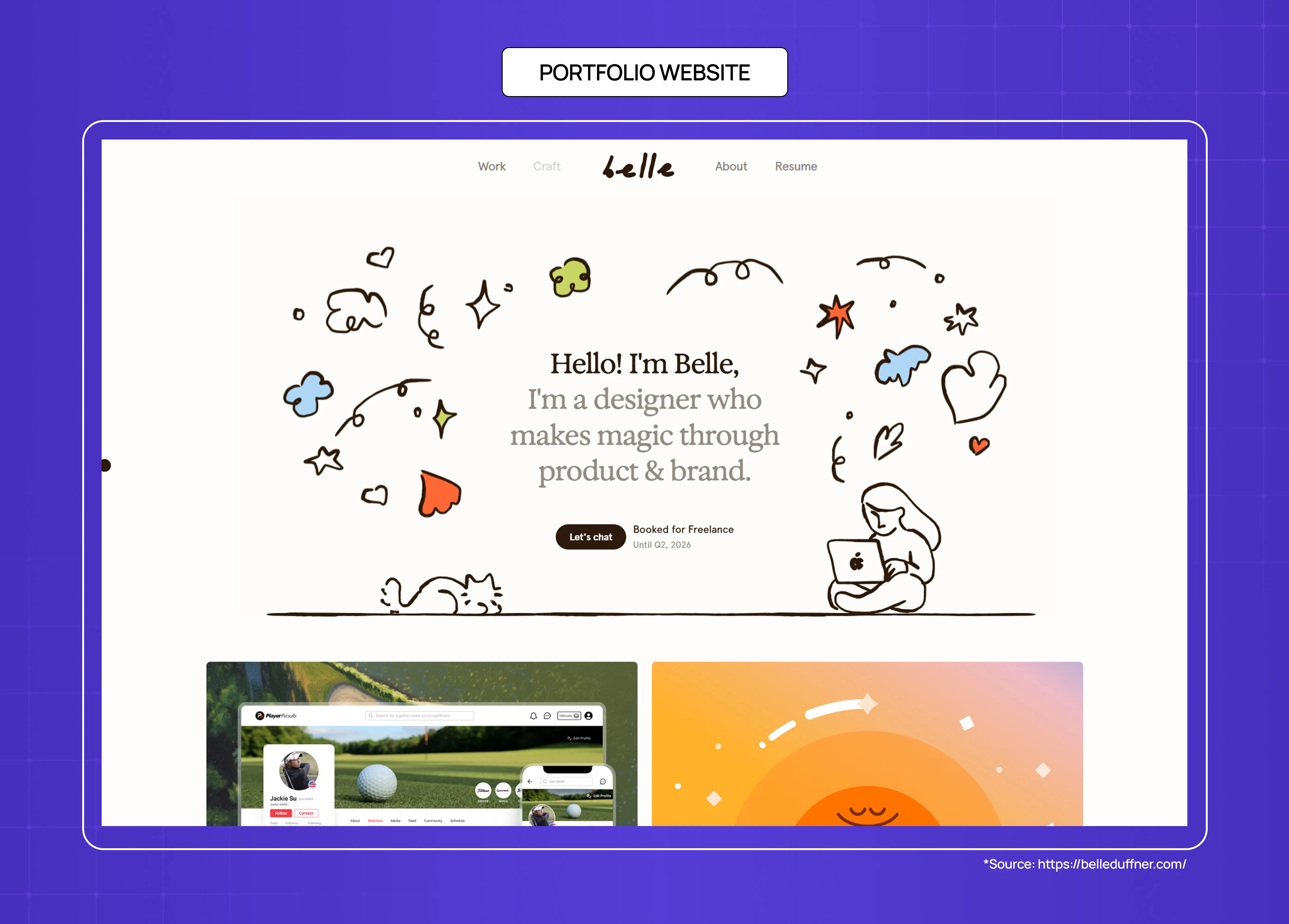 Belle Duffner portfolio website with playful hand-drawn illustrations, personal branding, and showcased creative projects.