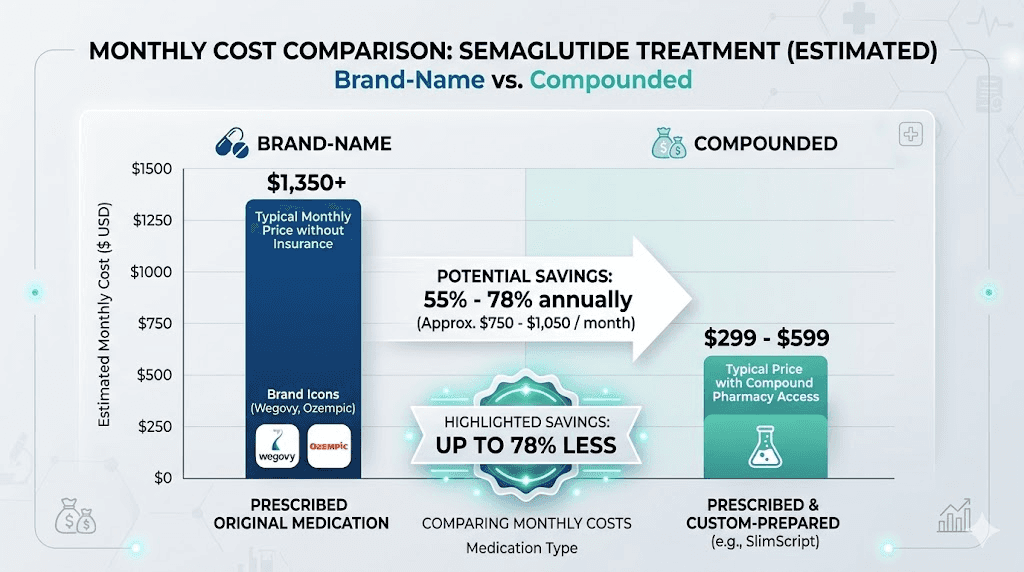 Compounded semaglutide cost comparison chart showing savings versus brand-name Ozempic and Wegovy