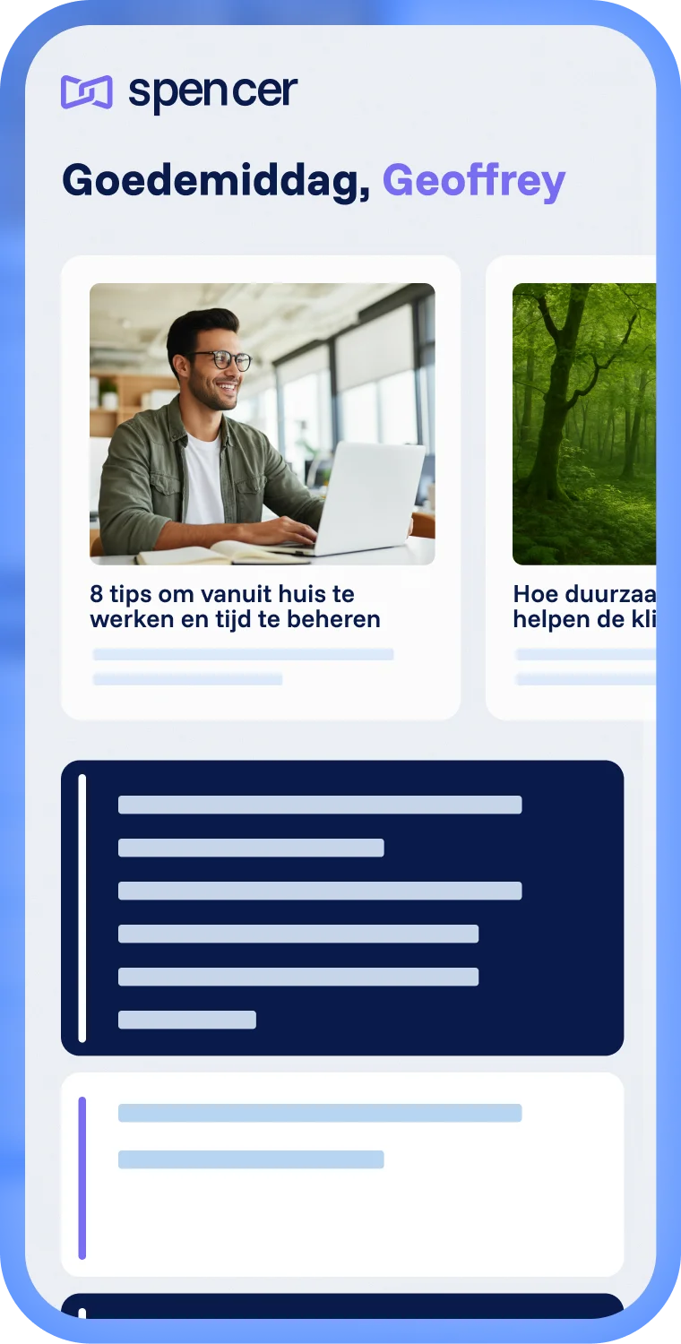 Spencer Mobiel app voor Interne communicatie met artikel preview, persoonlijke aanspreking en overzicht van interne updates