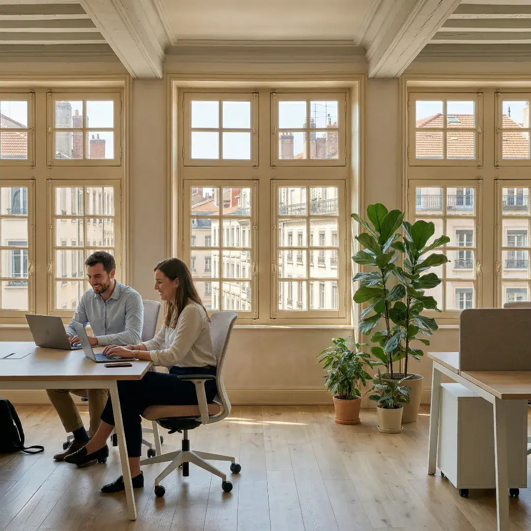 Homme et femme travaillant sur ordinateurs dans un bureau lumineux aux grandes fenêtres, hauts plafonds et plantes.