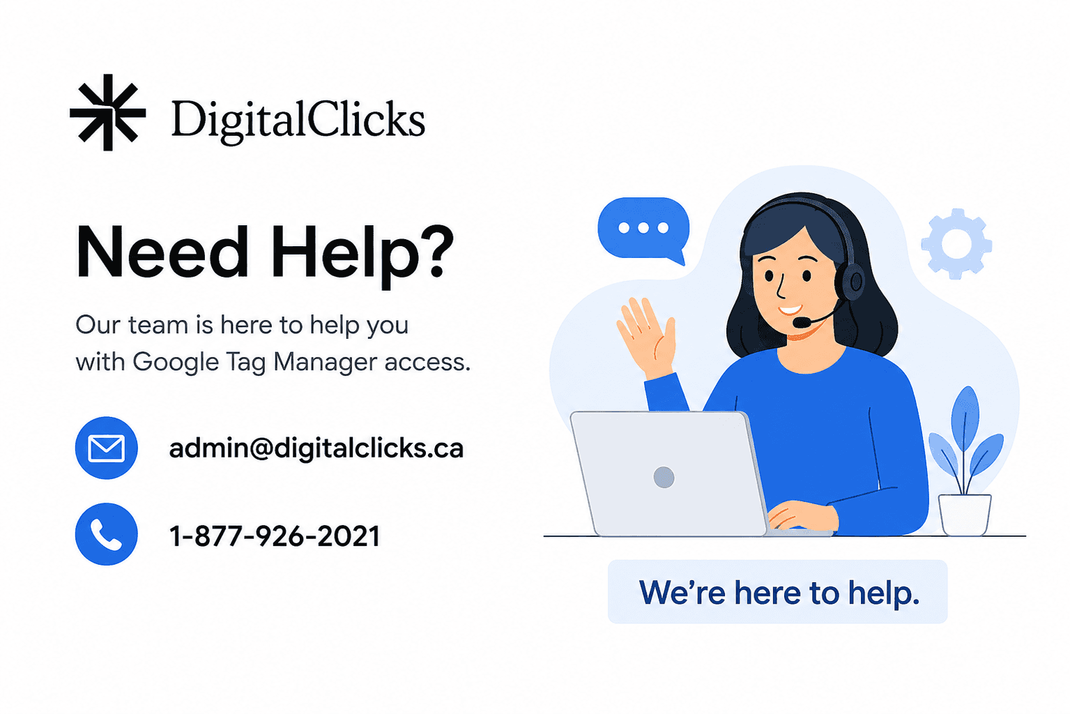 Digital Clicks help slide with contact email and phone number.