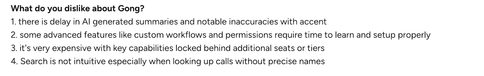 User review listing common drawbacks of Gong including accuracy delays, pricing, and usability issues
