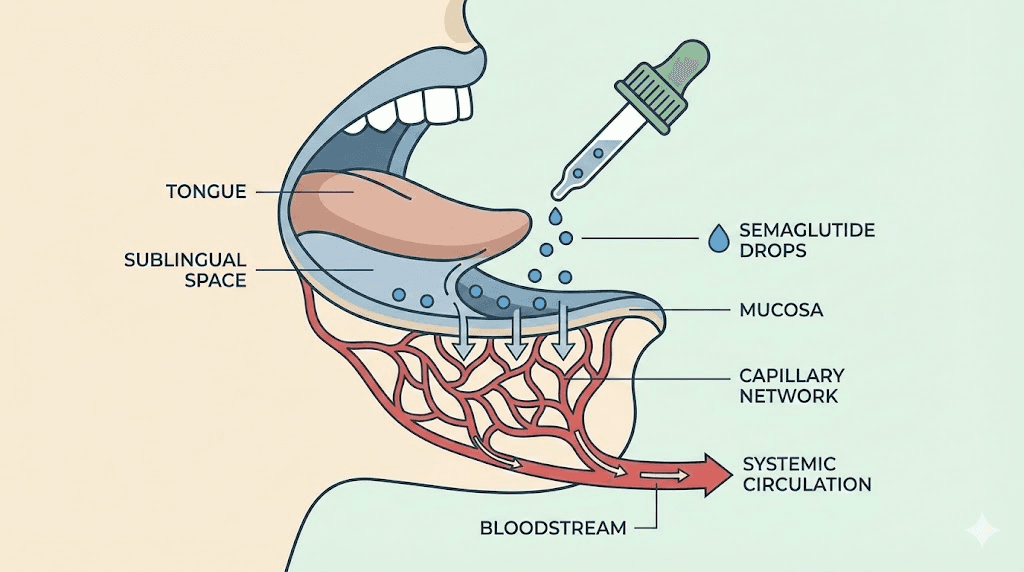 Oral semaglutide drops sublingual absorption pathway diagram