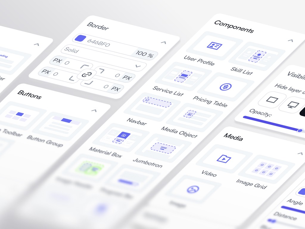 Light UI component library of Siteliyo builder featuring borders, buttons, pricing tables, and media blocks
