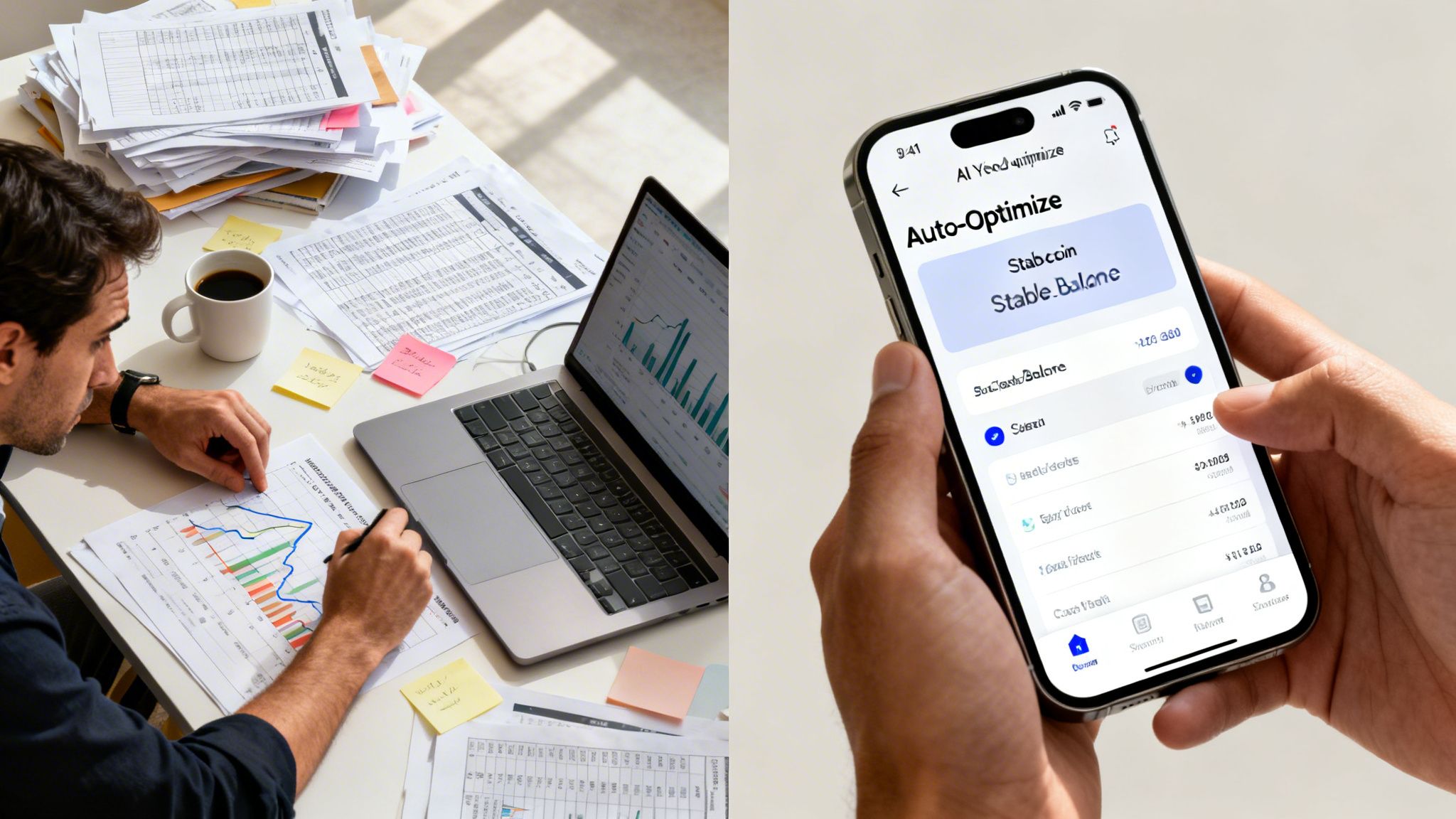 A man analyzes financial charts at a desk while hands hold a smartphone with a yield optimization app.