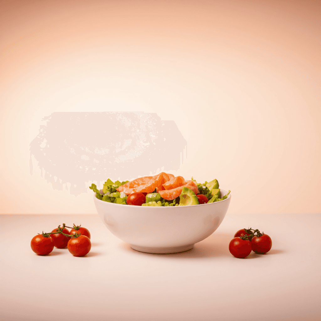 product photography of a bowl of salad with salmon, cherry tomatoes, and avocado
