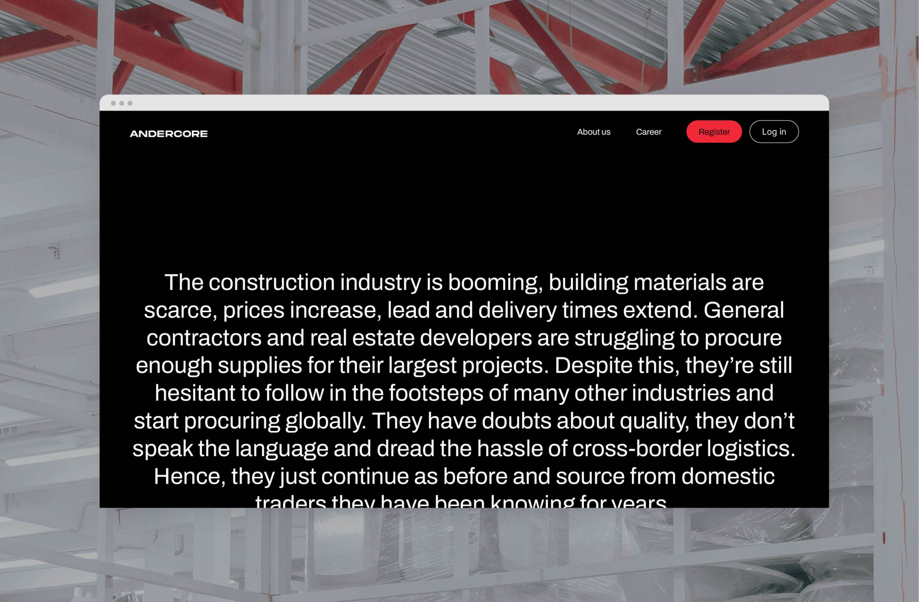 Home page of Andercore website, detailing challenges and opportunities in the booming construction industry.
