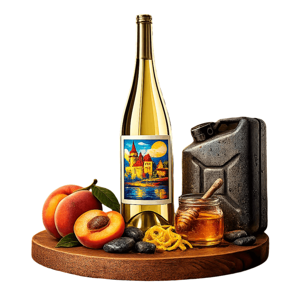 Artistic label and flavor profile for German Rheingau Riesling on a rustic wooden table.