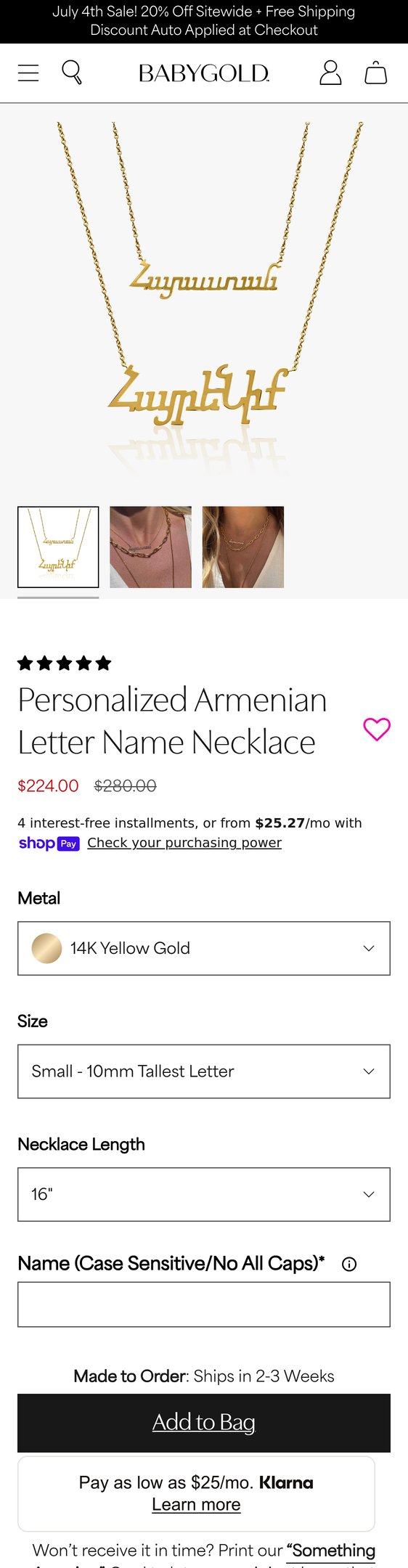 Jewelry product options include: necklace for Personalized Armenian Letter Name Necklace from Baby Gold.