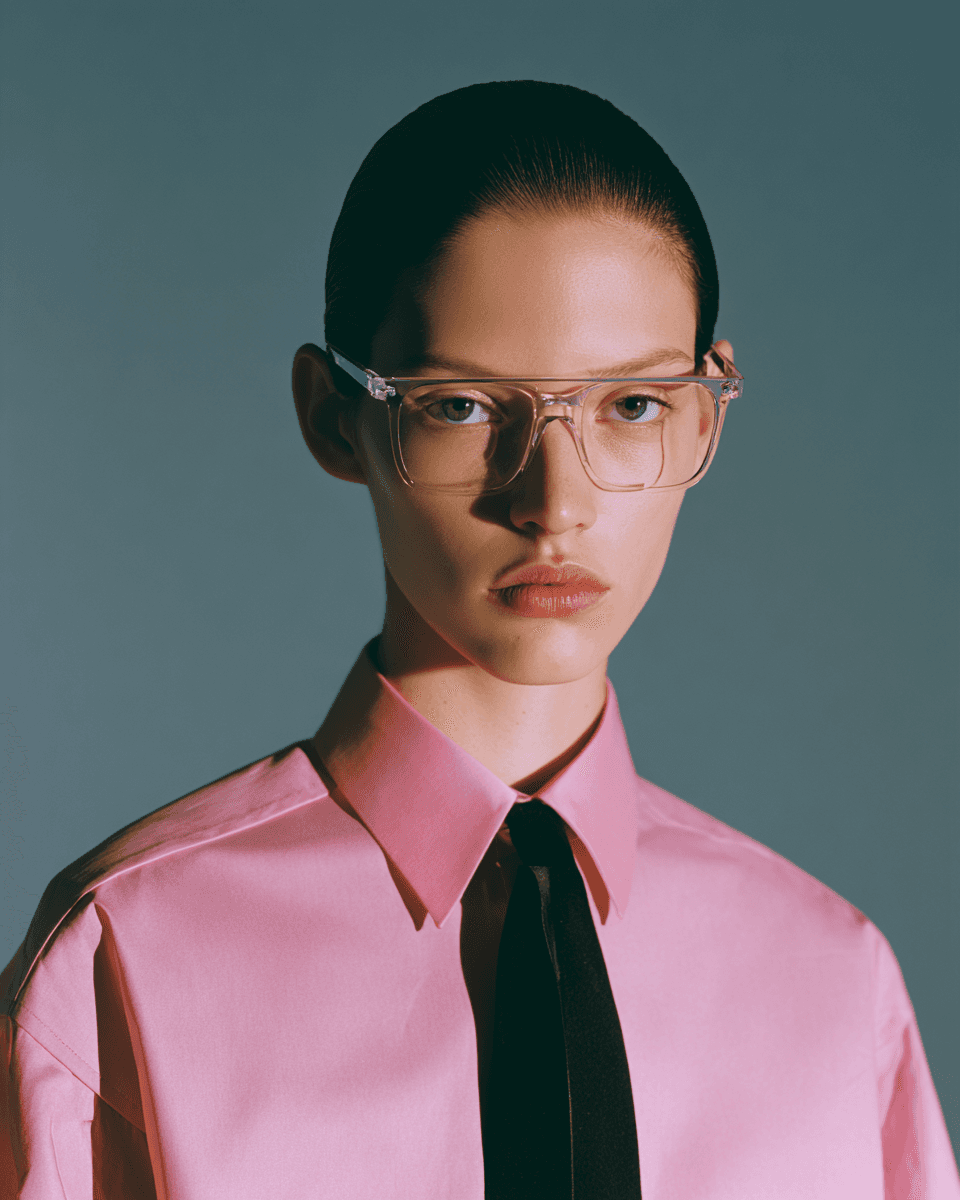 A stylish individual wearing a pink shirt and black tie with clear glasses, captured against a soft blue gradient background.