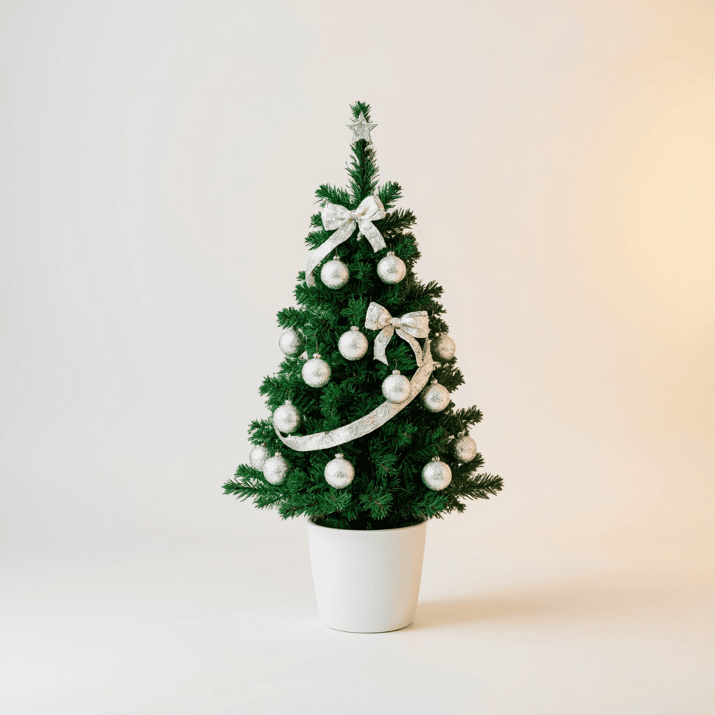 product photography of a small decorative Christmas tree with ornaments