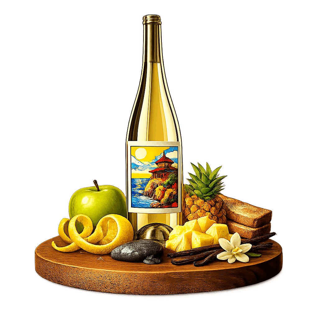 Artistic label and flavor profile for Shandong Chardonnay on a rustic wooden table.