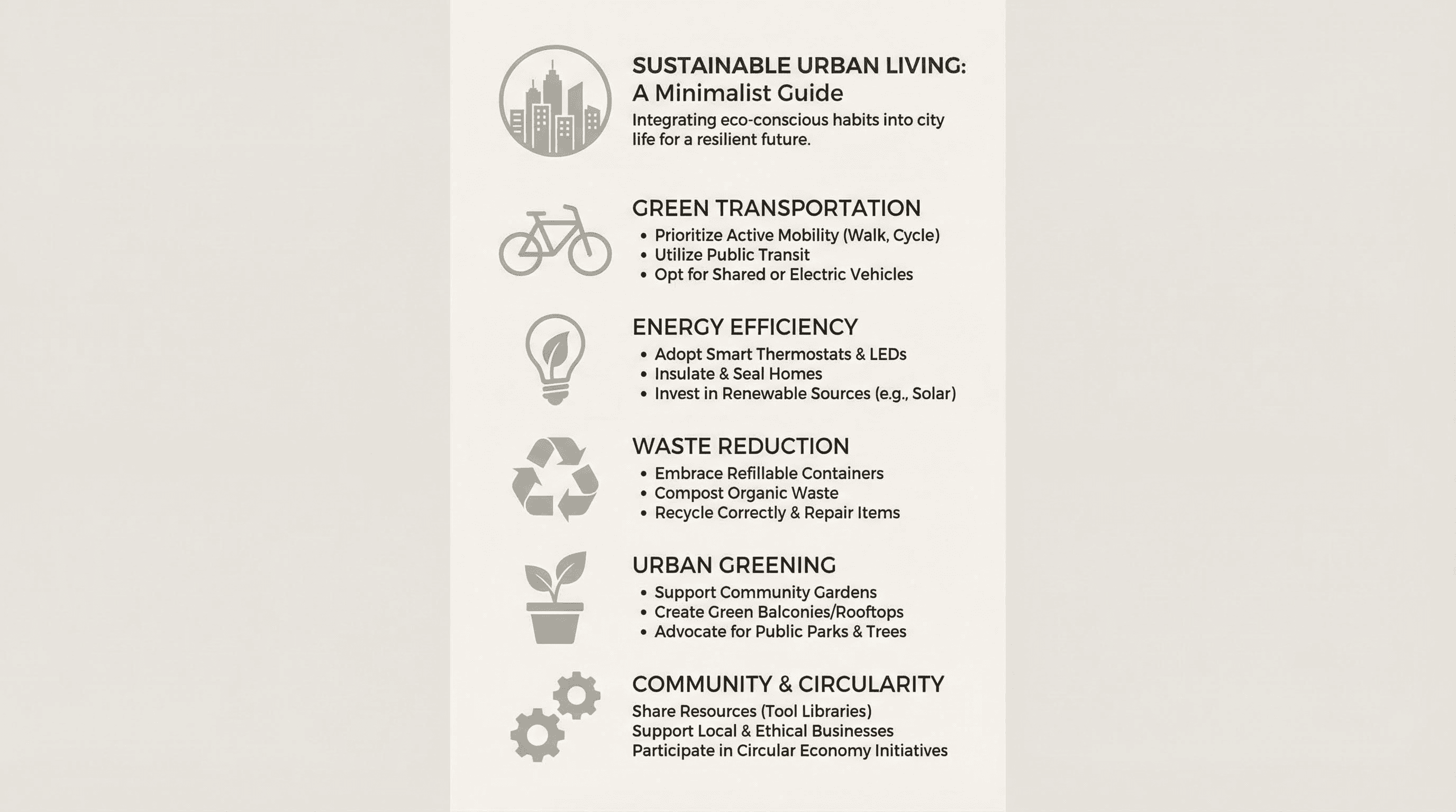 Minimalist vertical infographic featuring clean sans-serif typography, monochromatic icons, and ample negative space on a soft neutral background.