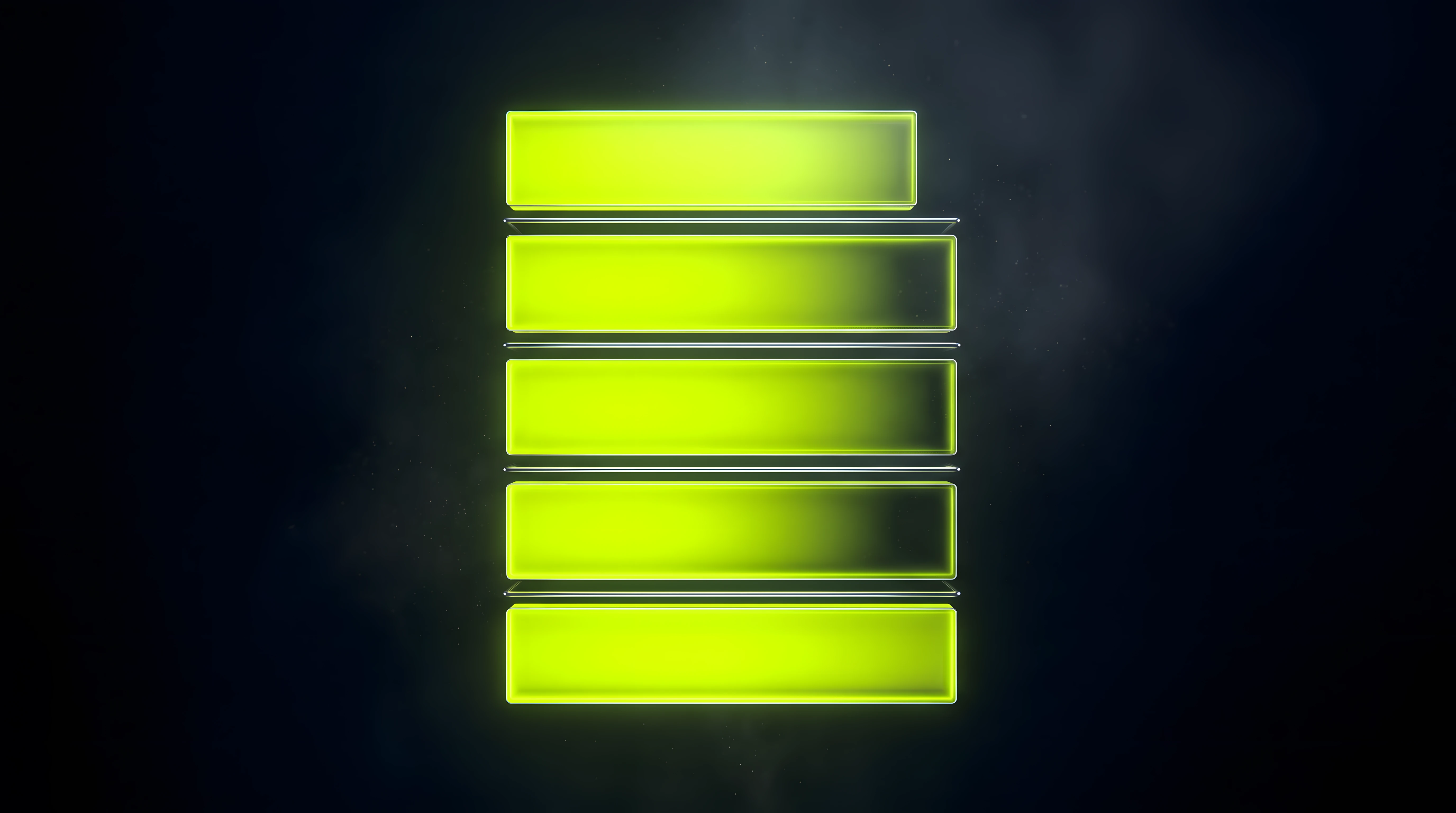 Five stacked glowing toxic lime panels of increasing size connected by thin chrome lines on deep void black, representing a reusable five-part documentation template.