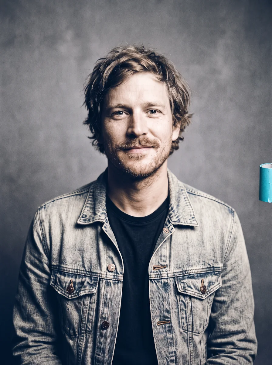 Black-and-white portrait of Bruno in a denim jacket