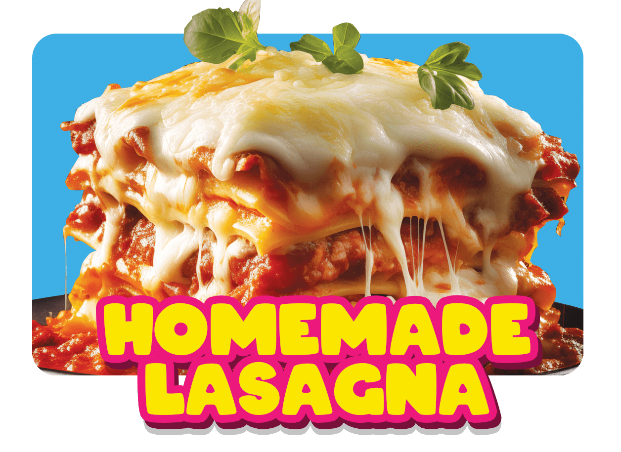 North End Pizza homemade lasagna, layers of pasta, seasoned meat sauce, ricotta, and melted mozzarella, authentic Italian comfort food in Virginia Beach since 1987
