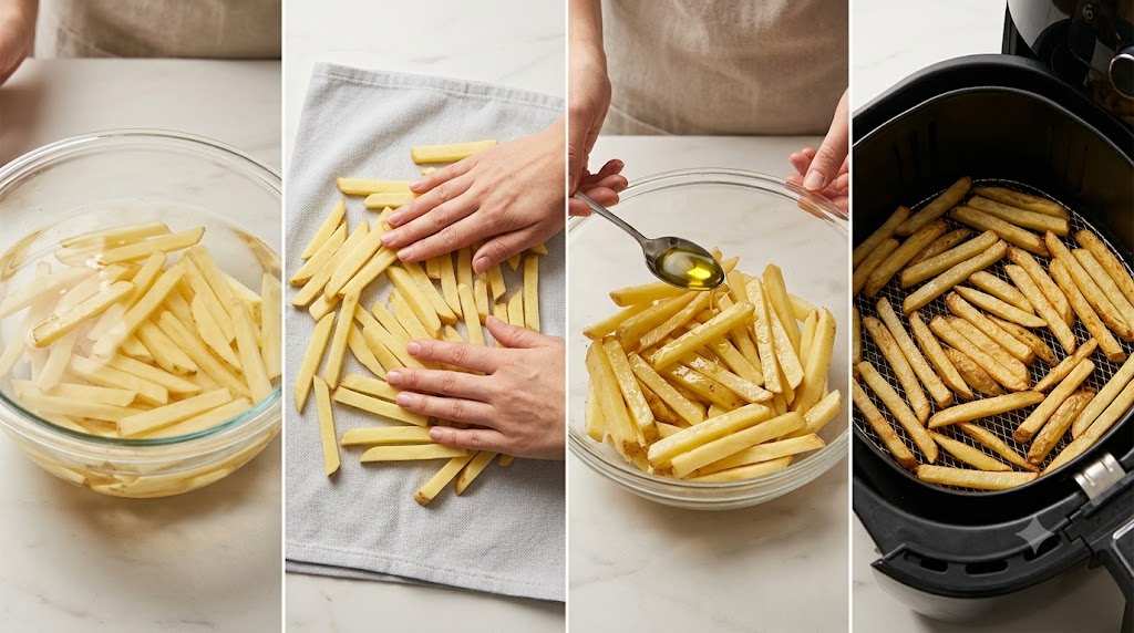 Four-panel step-by-step guide showing how to make homemade air fryer french fries: soaking cut potatoes in water, drying on a towel, coating with olive oil in a bowl, and cooking in the air fryer basket.