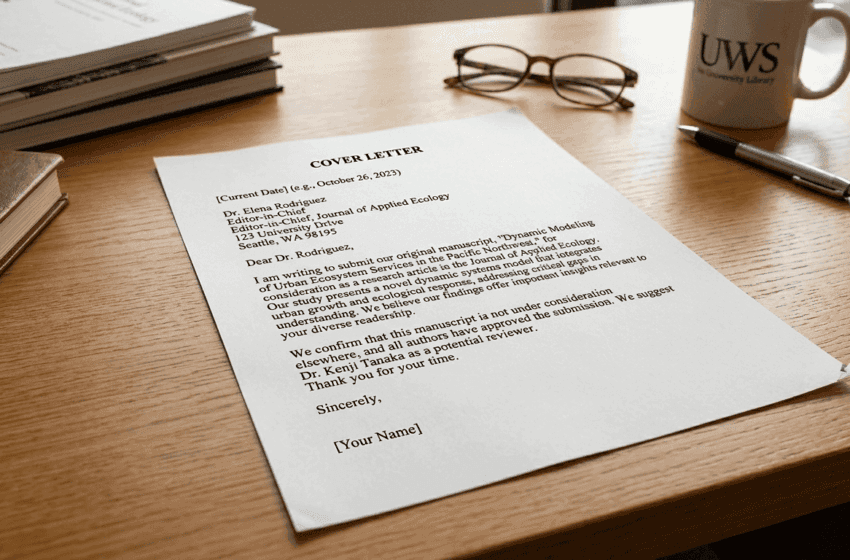 High school student writing a cover letter for academic journal submission at a desk with research papers