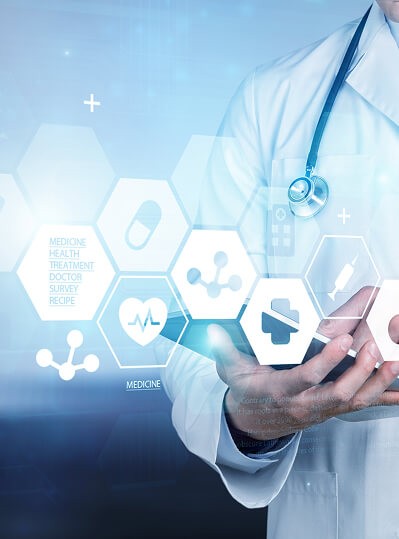 Digital illustration of healthcare technology with icons like a stethoscope and heartbeat monitor.