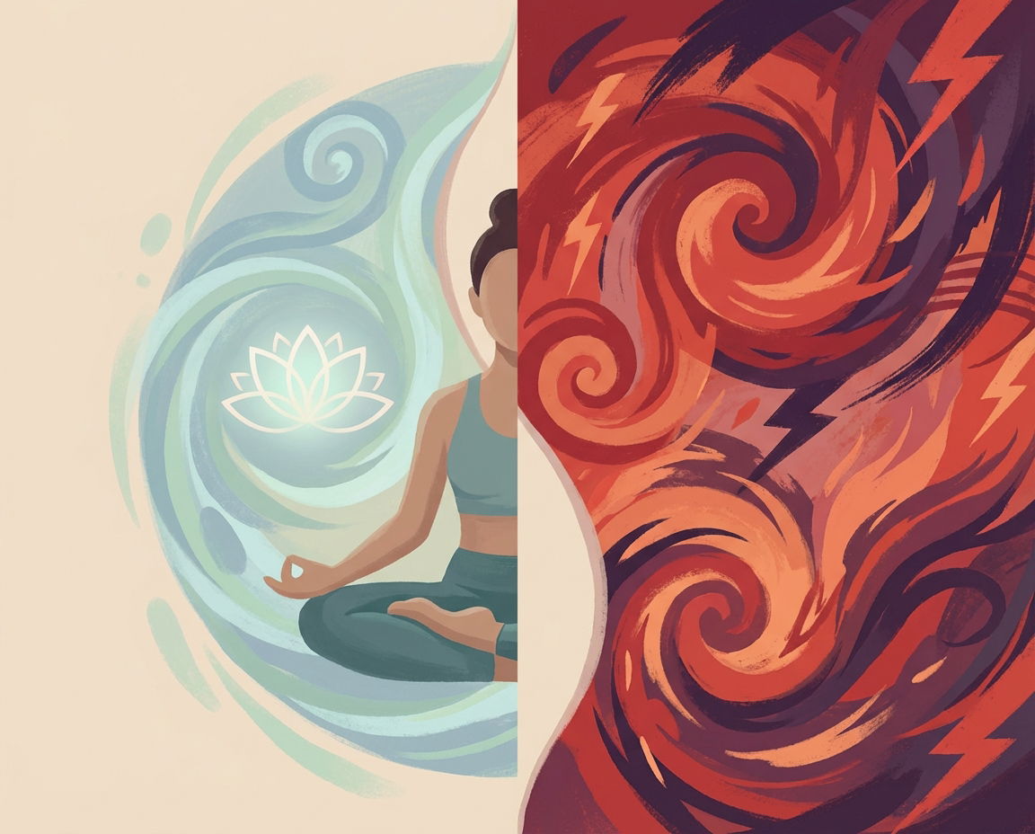Stylized split scene illustrating calm yoga on one side and swirling abstract anger on the other.
