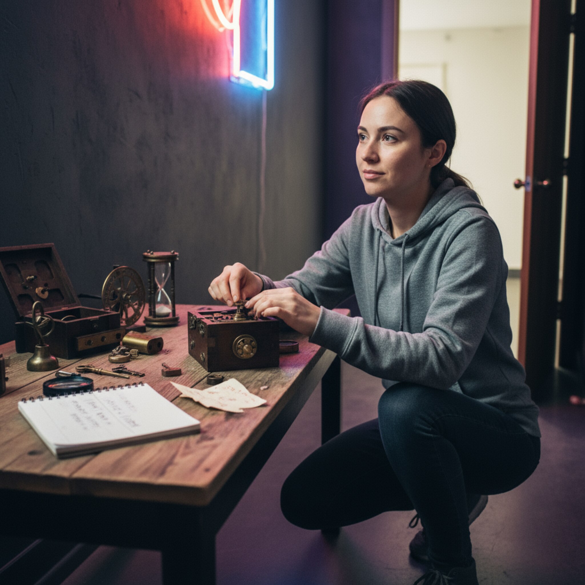 Ein Gamemaster richtet Requisiten sorgfältig auf einem Holztisch aus und prüft eine verborgene Mechanik. Im Hintergrund glimmt eine rotblaue Neonröhre, der Raum wirkt frisch zurückgesetzt. Ein Notizblock mit handschriftlichen Markierungen liegt bereit. Die Tür steht einen Spalt offen, bereit für den nächsten Slot.
