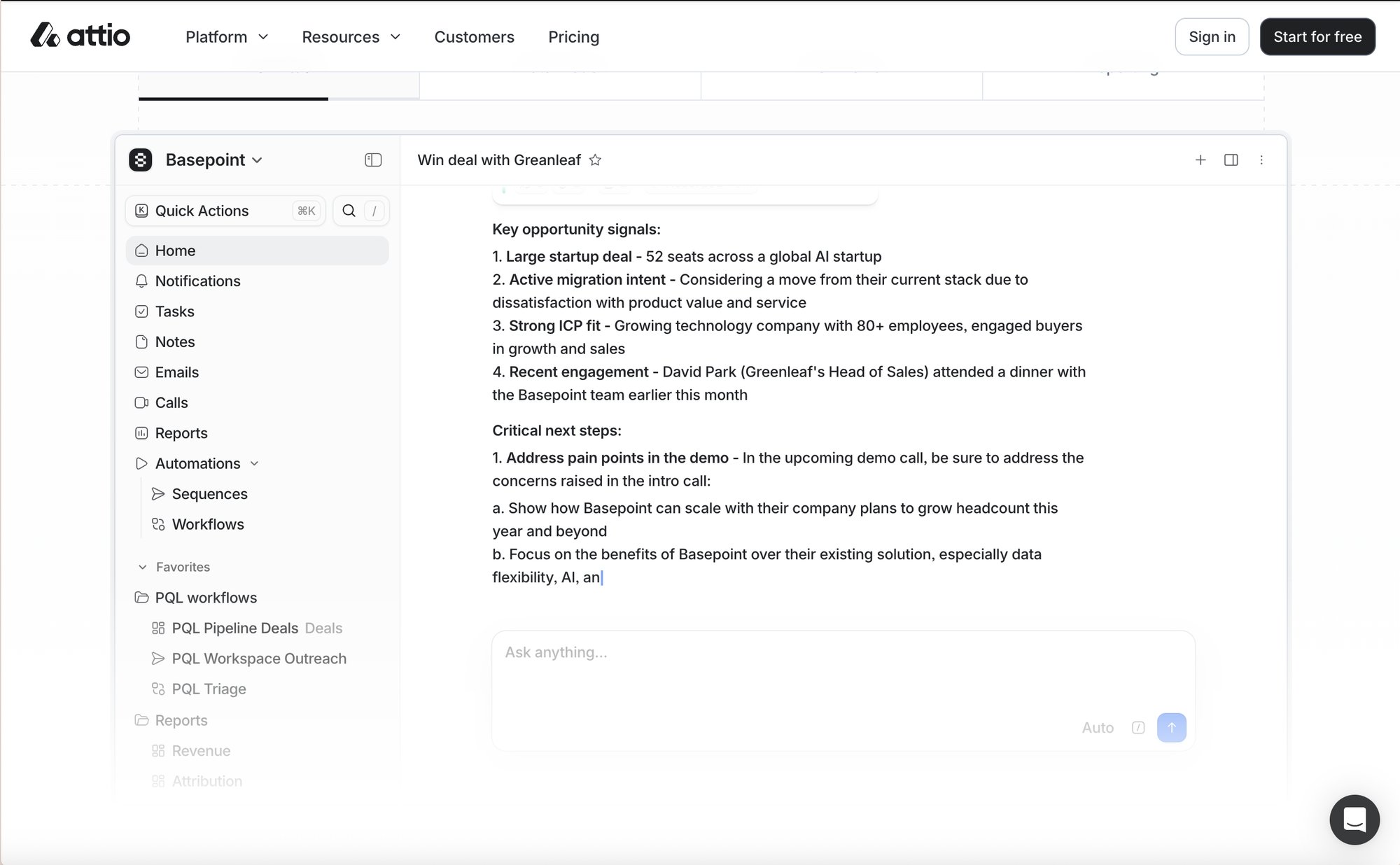 A CRM dashboard displays a 'Win deal with Greanleaf' overview with opportunity signals and critical next steps.