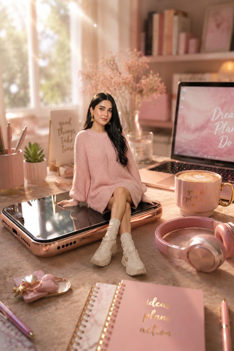 Miniature Girl on Giant Smartphone Desk