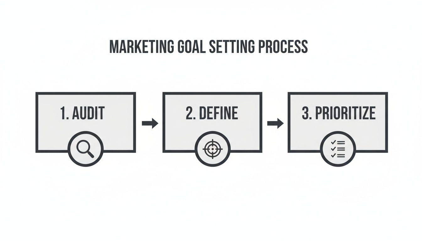 A three-step marketing goal setting process flowchart with Audit, Define, and Prioritize steps and icons.