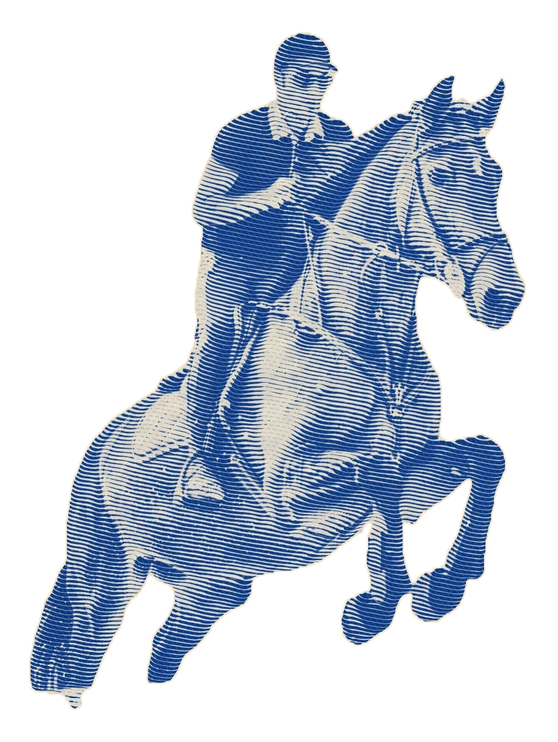 An engraved horse and rider mid-leap