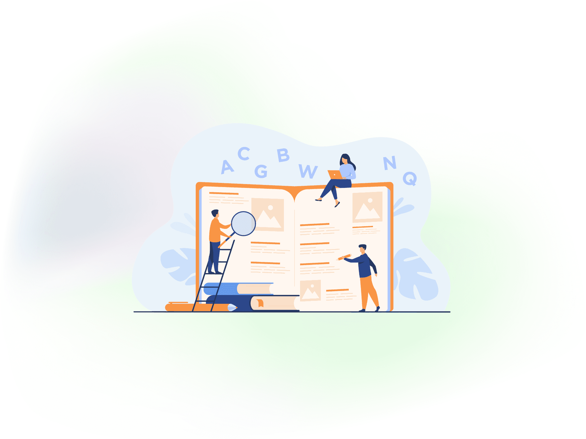 Illustration of three people exploring a large open book with floating letters, representing a digital accessibility glossary of key terms and definitions.