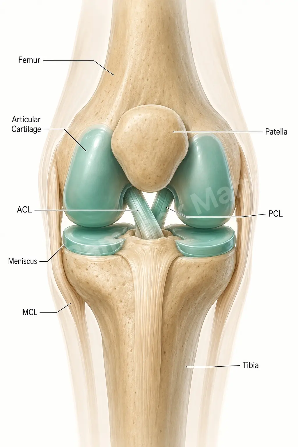Healthy knee anatomy with intact cartilage and ligaments - the baseline reference before robotic knee replacement.