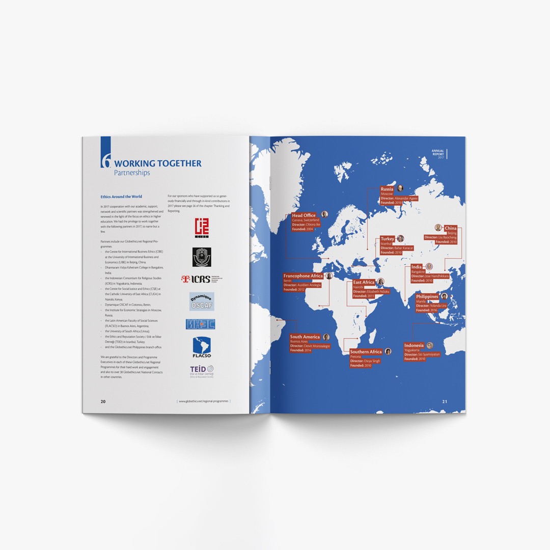 A professionally designed annual report showing the locations of different offices on a map.