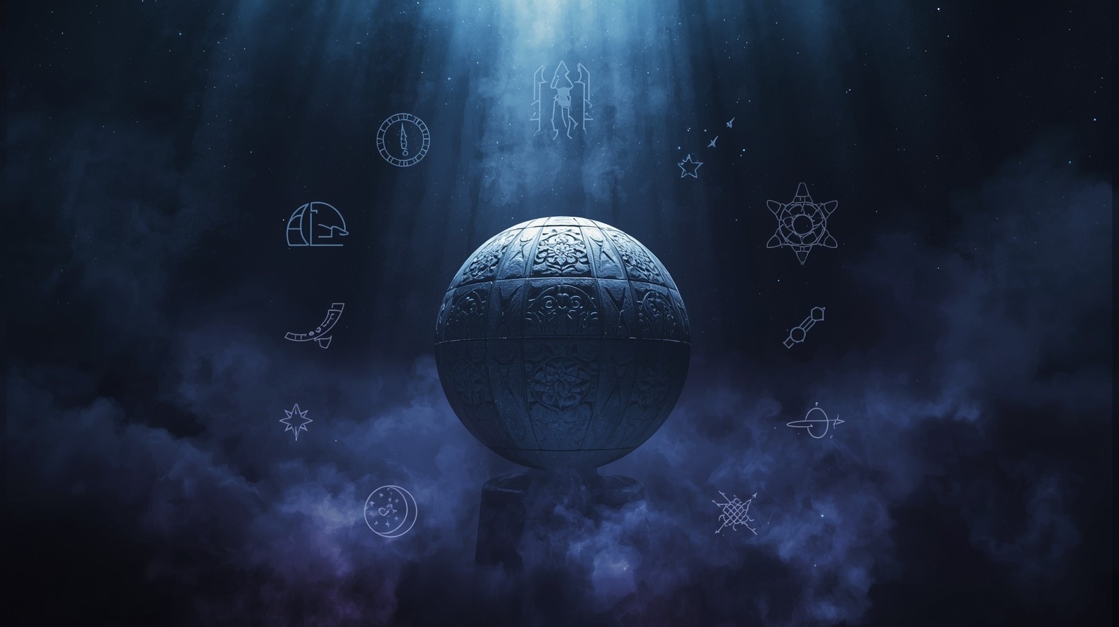 Symbolic cinematic composition showing a large stone sphere with intricate carvings surrounded by abstract icons