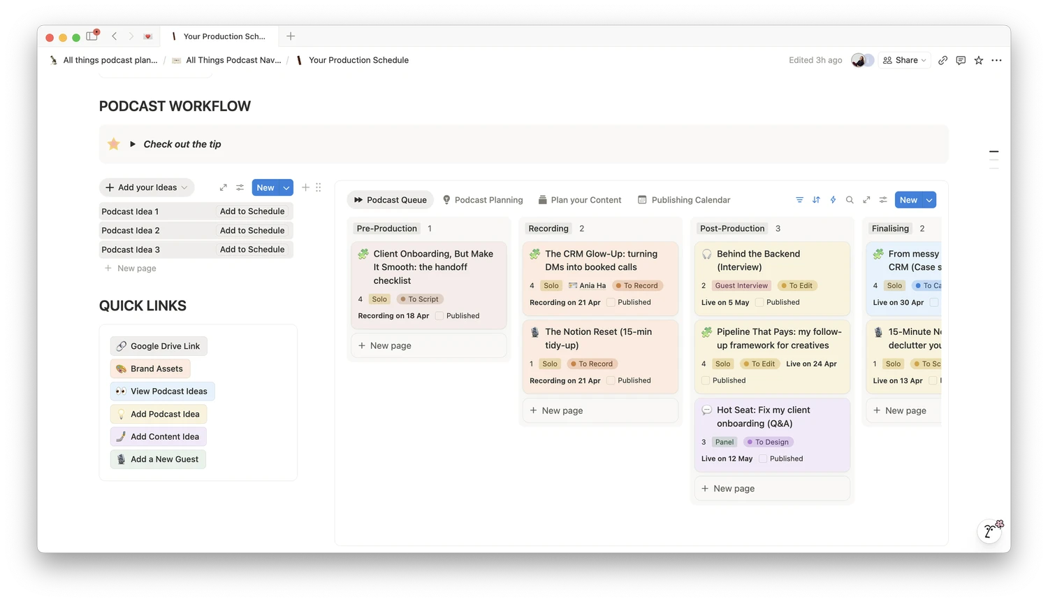 Podcast workflow board in Notion with pre-production, recording, post-production, and finalising stages