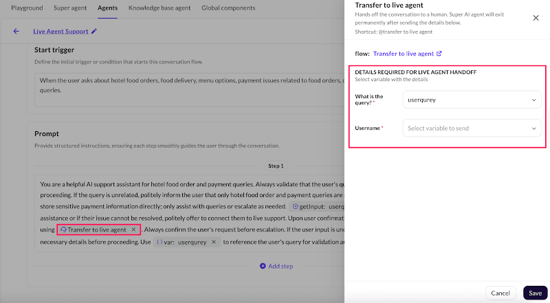 Yellow.ai flow builder showing a configured transfer action linked to a live-agent flow.
