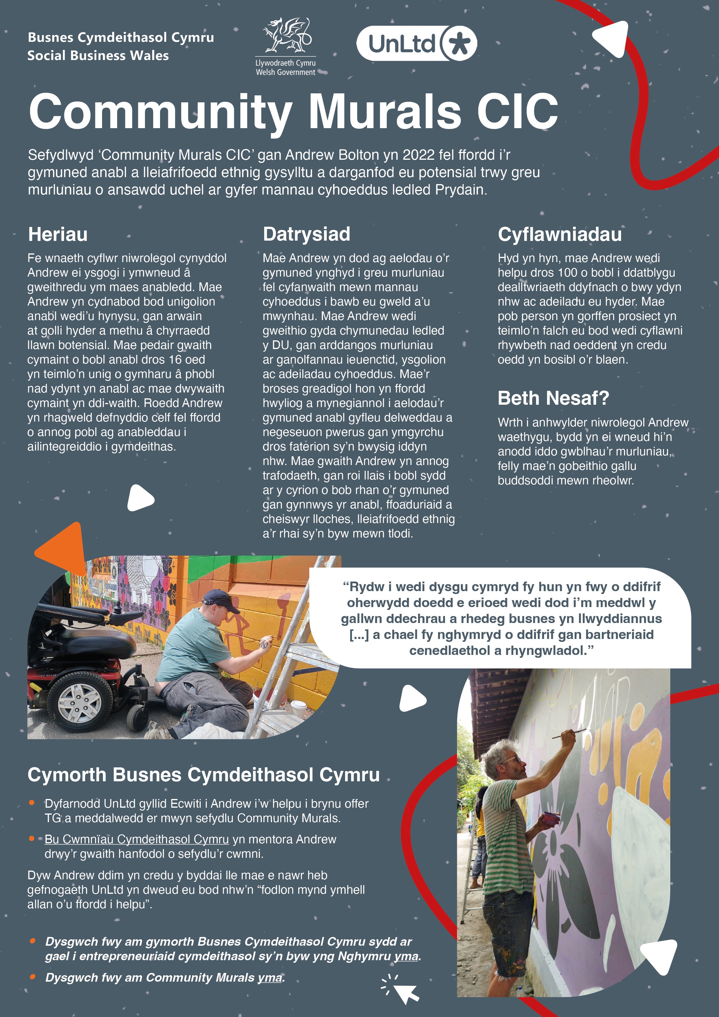 A mainly grey case study for UnLtd with accents of red swirling lines, columns of text in Welsh and images of people painting murals on walls.