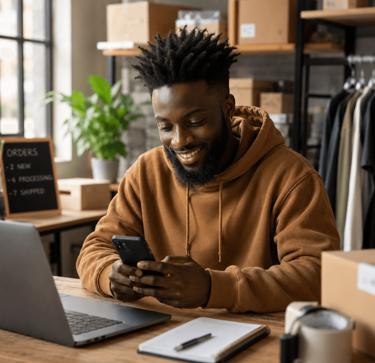 Man operating a mobile phone and smiling