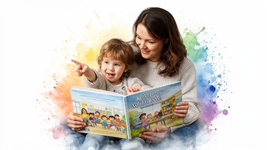 A happy mother and child reading a colorful picture book, child points excitedly.