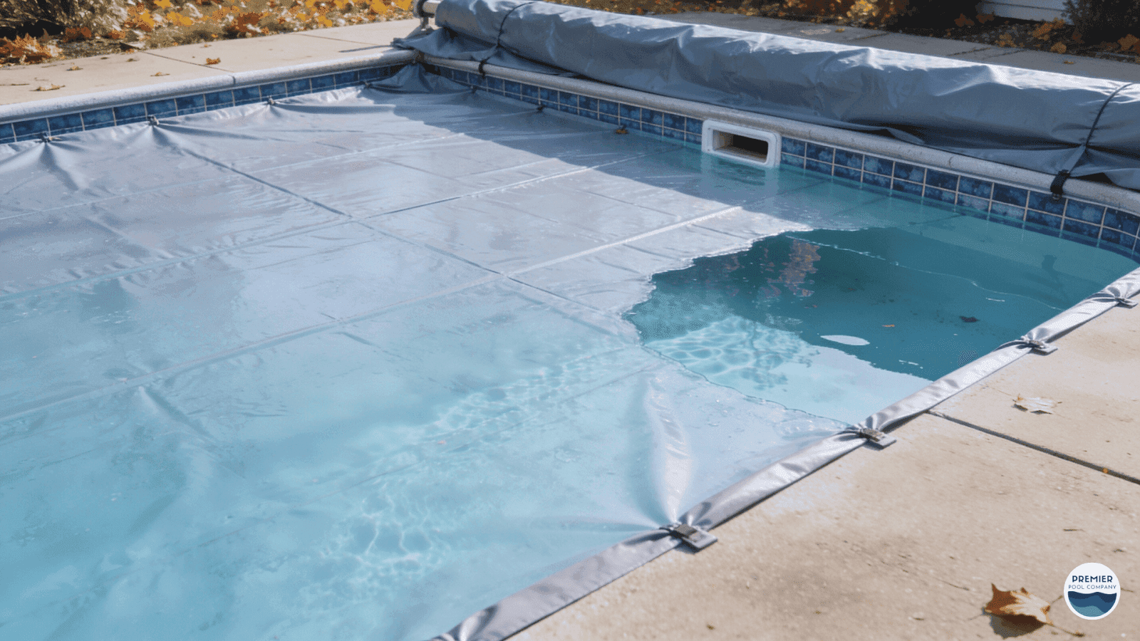 Winterizing a pool liner using pool covers and proper water level adjustment