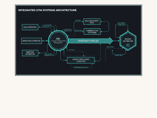 System architecture blueprint showing integrated GTM infrastructure with data flows connecting CRM, marketing automation, and sales engagement platforms