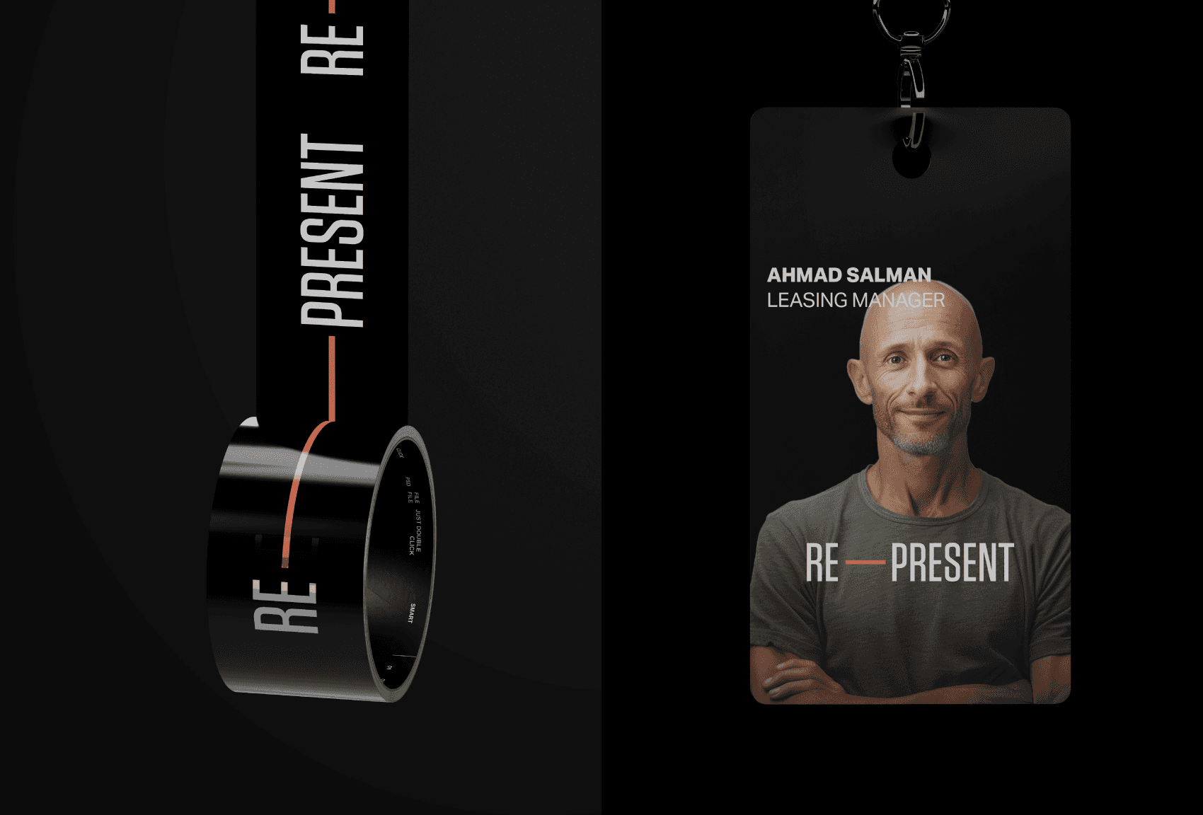 Represent Retail Management, Dubai. UAE, Design mockup, employee lanyard, Branded Sticker tape