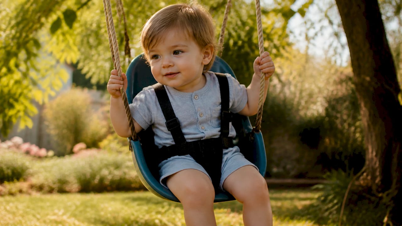 Child gently rocking in an indoor swing