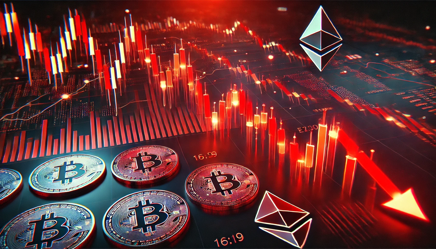 digital illustration of a stock chart in red, symbolizing a market downturn, with Bitcoin and Ethereum in focus